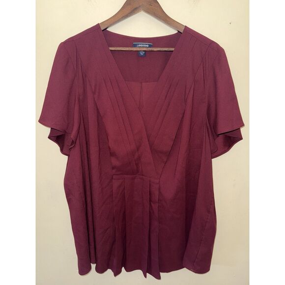 Lands' End Tops - Lands' End Burgundy Pleated Surplice V-Neck Blouse 1X Plus Size Short Sleeve